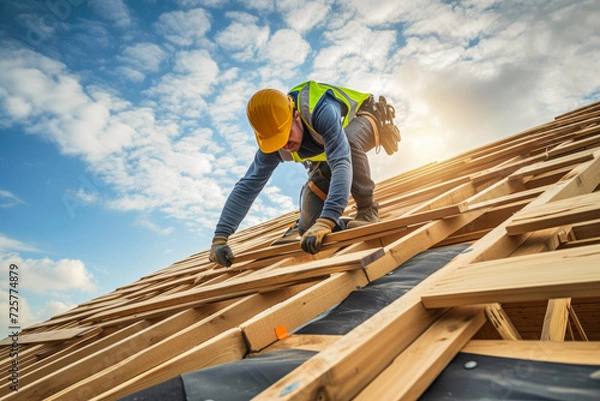 Obraz Elevating Excellence: Gloved Hands Transforming Roofs