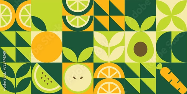 Fototapeta Green geometric mosaic seamless pattern illustration. Organic fruit vegetable geometric pattern. Natural food background creative simple bauhaus style, agriculture vector design. Healthy Food pattern