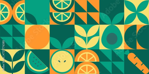 Fototapeta Green geometric mosaic seamless pattern illustration. Organic fruit vegetable geometric pattern. Natural food background creative simple bauhaus style, agriculture vector design. Healthy Food pattern