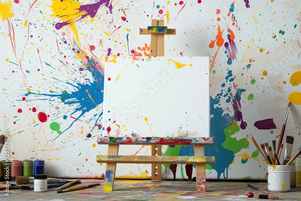 Obraz An artist's studio with a blank canvas on an easel, surrounded by a burst of creative tools and splashes of vibrant paint, illustrating the artistic process