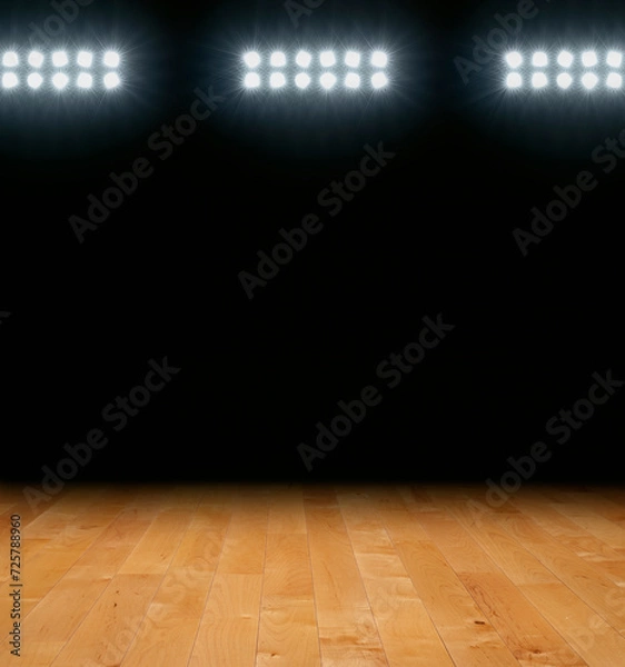 Obraz Maple basketball floor with dark background below arena lights