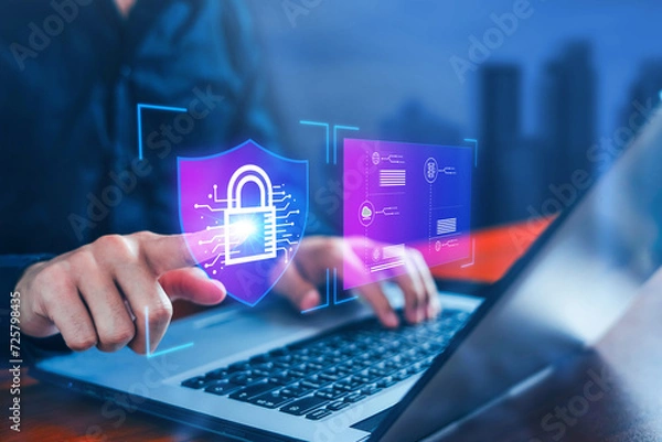 Fototapeta Security, Cyber, Information safety and encryption, safe, fishing, screen Padlock, firewall security, protecting privacy online, Password to laptop, Private, Internet network security, Data protection