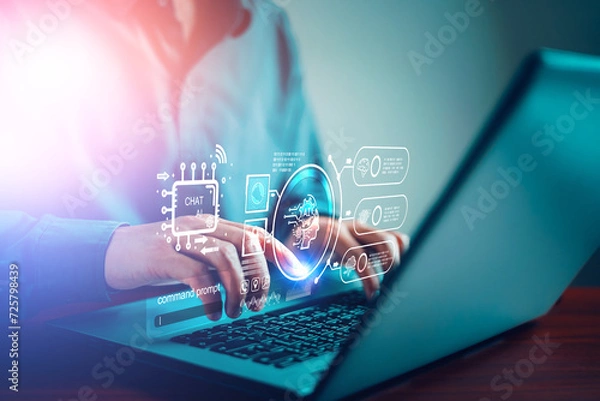 Fototapeta AI chatbot conversation using artificial intelligence technology smart robot AI, Generative AI, Answer, Command prompt for generate something, Customer support, laptop, assistant, Chat interface.