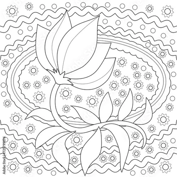 Fototapeta a flower on a background of stars and wavy stripes. a floral pattern. a fancy black-and-white contour picture. a hand-drawn drawing. decorative cover. coloring book for children and adults.