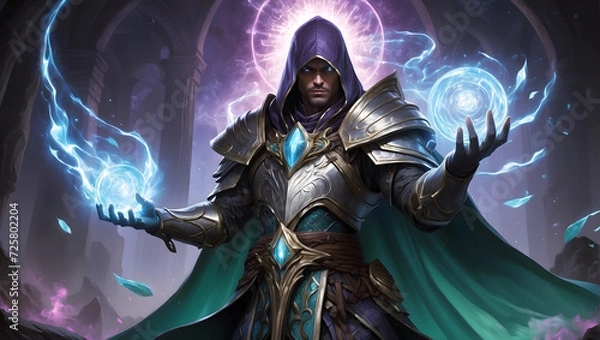 Fototapeta medieval knight with sword. A sorcerer with a mysterious expression and a staff, conjuring bolts of lightning from the sky to do its bidding.. Digital art painting,Fantasy art,Wallpaper.
