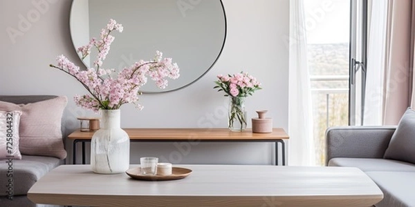 Fototapeta Scandi living room with flowers on grey table, captured in a real photo of a mirror on patterned wallpaper.