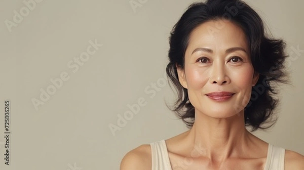 Obraz portrait of a beautiful middle-aged Asian woman with natural makeup on a neutral background with space for text. The concept of natural beauty and anti-aging skin care