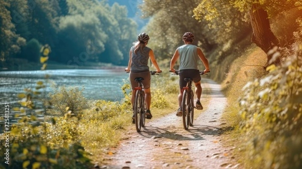 Fototapeta Couple riding bikes, nature 