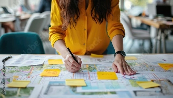 Fototapeta Businesswoman strategizing with map and sticky notes