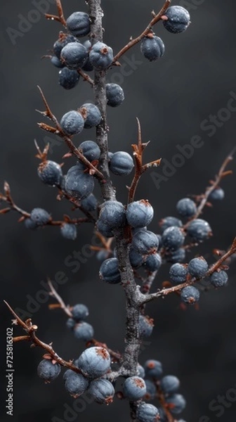 Fototapeta A long branch of blackthorn with thorns and berries on black background