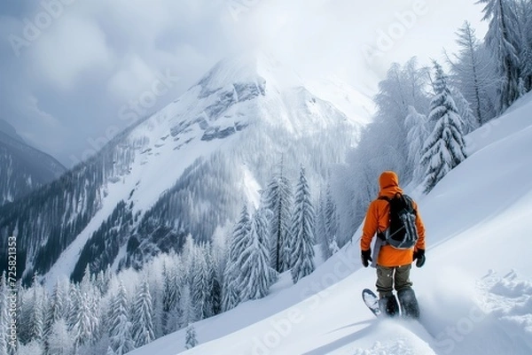 Fototapeta Man practices freeriding on a snowboard in the mountains