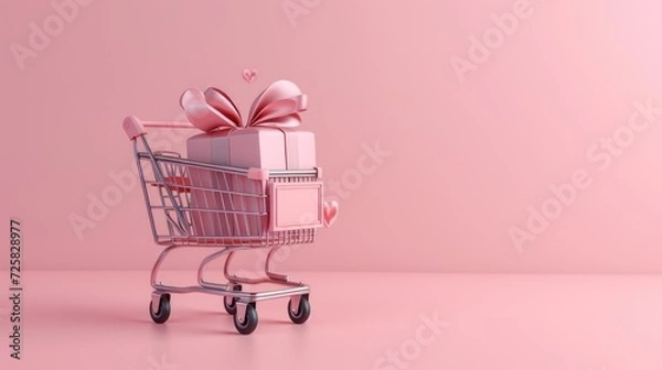 Fototapeta a shopping cart adorned with a pink peripheral gift box, symbolizing the anticipation and love associated with selecting the perfect Valentine's Day gift.