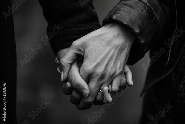 Obraz A close-up shot of two individuals holding hands. This image can be used to depict love, friendship, trust, unity, or support