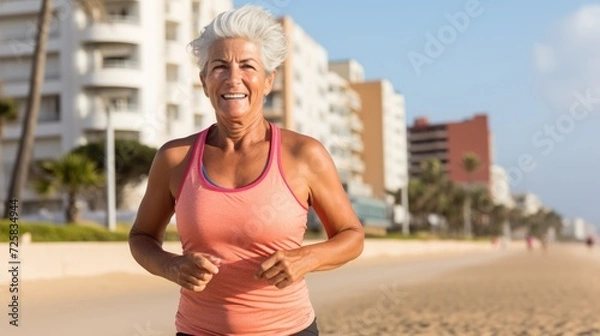 Fototapeta The image captures the empowering sight of a full-figured woman embracing an active lifestyle, running with purpose and vigor on the beach, showcasing his commitment to fitness.