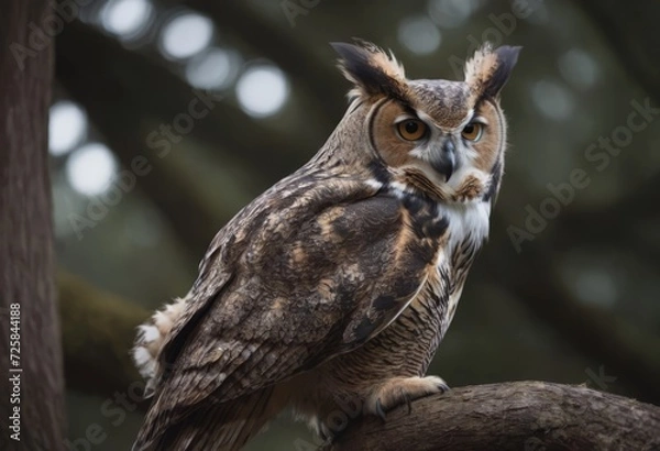 Fototapeta An Eurasian Eagle Owl staring at something out of shot in a woodland setting.