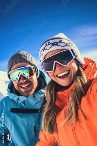 Fototapeta A couple capturing a moment together by taking a selfie in the snowy landscape. Perfect for winter-themed projects or social media content