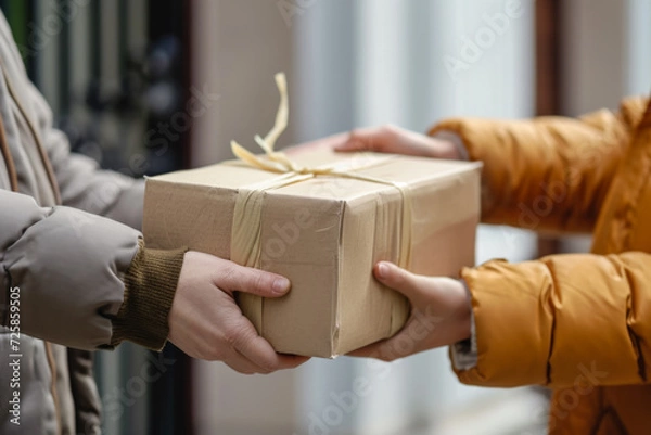 Obraz repartidor de empresa de paquetería entregando un paquete al cliente, sobre fondo desenfocado de portal de un edificio