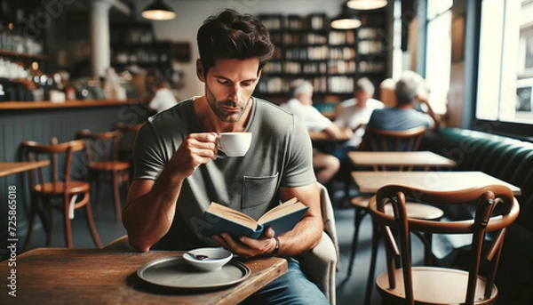 Obraz Man reading a book in a cafe, Generative AI