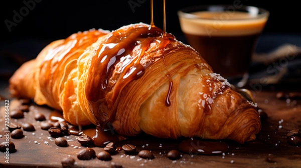 Fototapeta Croissant topped with thick caramel, sweet sauce, coffee beans and a cup of coffee with foam on a wooden board, macro
