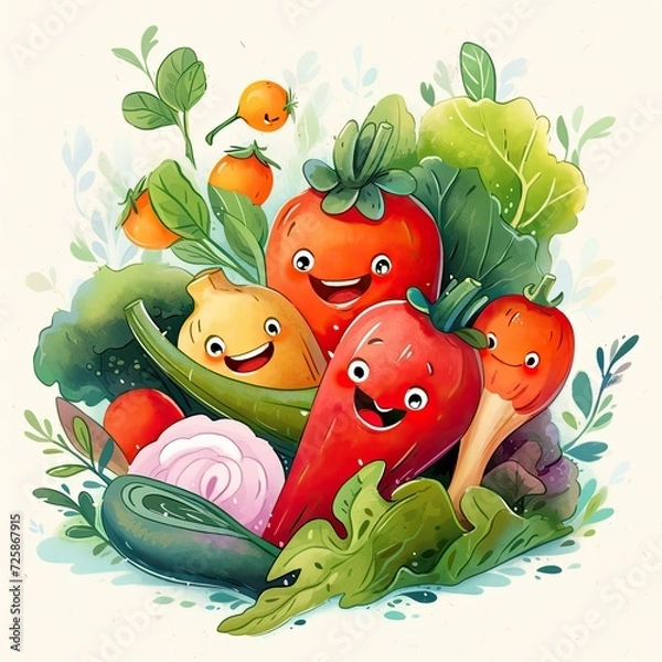 Obraz illustration for a children's book, vegetables with eyes and smiles