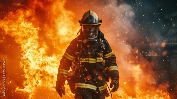 Fototapeta firefighter in full gear battling a blazing inferno, vivid flames and smoke surrounding, intense and dramatic lighting, a cityscape in the background at dusk