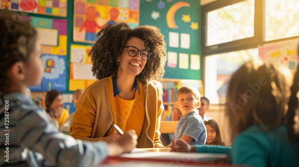 Fototapeta teacher in a classroom, interacting with engaged students, colorful educational posters on the walls, sunlight streaming in through windows