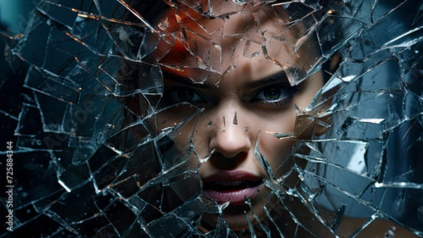 Fototapeta Angry sad woman looking through a broken shattered glass. Concept of angry, depression, broken heart, grief, abuse, heartache, heartbreak, chaos and destruction.