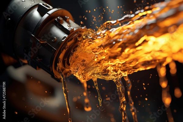 Fototapeta A fuel nozzle suspended mid-air, with liquid fuel droplets forming a dynamic pattern below, symbolizing the energy and fluidity of modern fuel systems. Generative Ai.