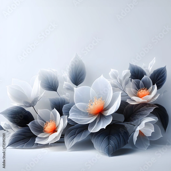 Fototapeta diaphanous transparent white flowers with glowing orange centers on dark grey leaves on the hell grey background and free space. Valentines gift