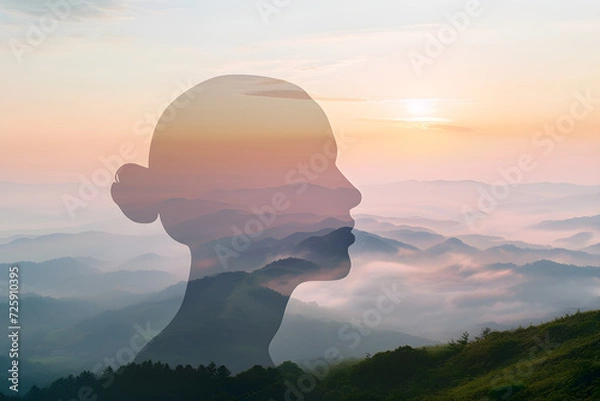 Fototapeta Mountainous Horizon Embracing Both Sunset and Sunrise: A Person Amidst Nature's Beauty, Capturing the Essence of Morning and Evening Tranquility