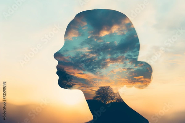 Fototapeta The image depicts a serene moment with the silhouette of a woman against the backdrop of a sunset, highlighting the interplay of shadows, nature, and the warmth of the sun