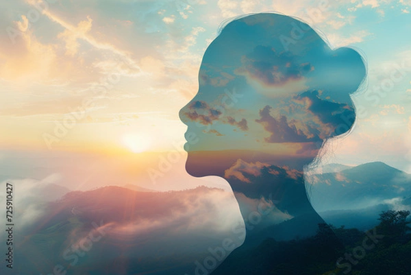 Fototapeta The image depicts a serene moment with the silhouette of a woman against the backdrop of a sunset, highlighting the interplay of shadows, nature, and the warmth of the sun