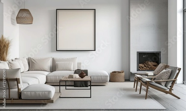 Fototapeta Interior of modern living room with white walls, concrete floor, comfortable sofa with cushions, coffee table and mock up poster frame