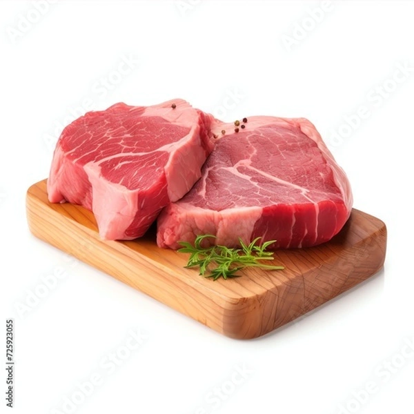 Fototapeta a pieces of raw sirloin meat on a chopping board, studio light , isolated on white background