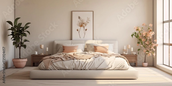 Fototapeta Peach fuzz bedroom design with peach shades. stylish bedroom with green indoor plants on corner and frame mockup on back wall, trendy color of the year 2024, peach fuzz interior design