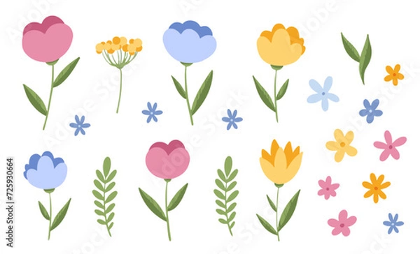 Fototapeta Set of colorful flowers, vector spring clipart, isolated elements on white background. Collection of cute floral elements.