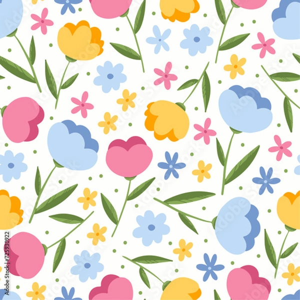 Fototapeta Vector seamless pattern with colourful flowers and greens on white background, cute spring background for fabrics, wrapping paper, gift paper.