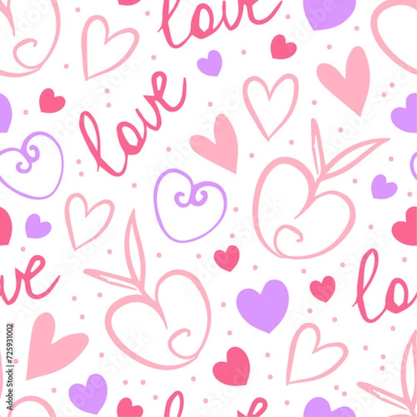 Fototapeta Seamless background with pastel pink hearts and love lettering on white background. Vector doodle seamless pattern with polka dots for wrapping paper, gifts, cards