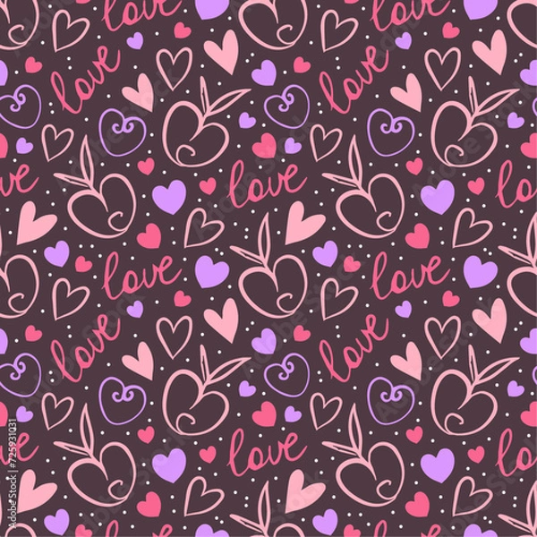 Fototapeta Doodle pattern design with cute hearts, lettering, red and black design for Valentines day on white background. Lovely design for wrapping paper, gifts.