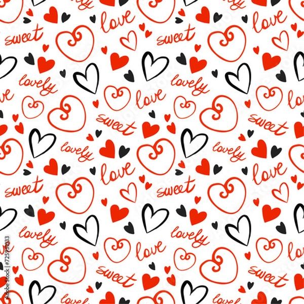 Fototapeta Doodle pattern design with cute hearts, lettering, red and black design for Valentines day on white background. Lovely design for wrapping paper, gifts.