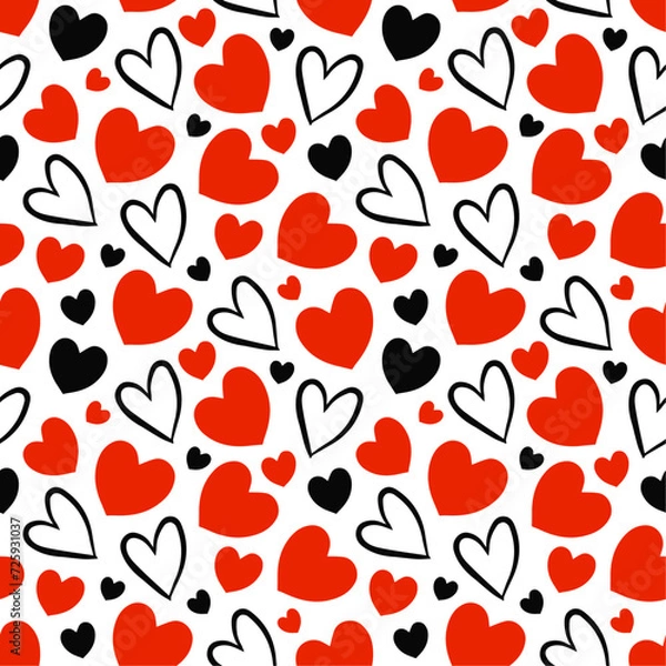 Fototapeta Seamless pattern with red and black hearts, hand drawn doodle hearts on white background, Valentines day design for wrapping paper, gift paper, greeting cards.