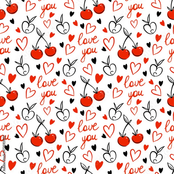Fototapeta Seamless doodle pattern with hand drawn elements, hearts, red cherries and lettering love you on white background. Romantic vector design for gift paper with expressing feelings.