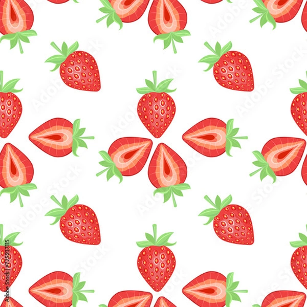 Fototapeta Seamless pattern of strawberry with green leaves on white background. Vector illustration.