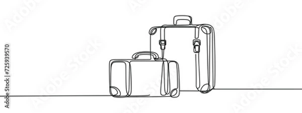 Obraz One continuous line drawing of old retro vintage leather suitcases stack. Classic travelling item concept single line draw graphic design vector illustration