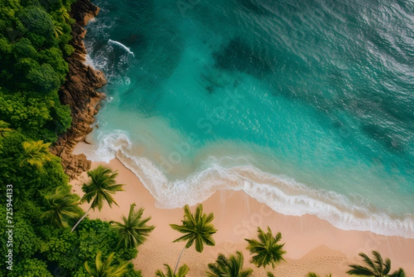 Fototapeta Tropical beach landscape featuring palm trees, waves, and a picturesque horizon under a sunny sky