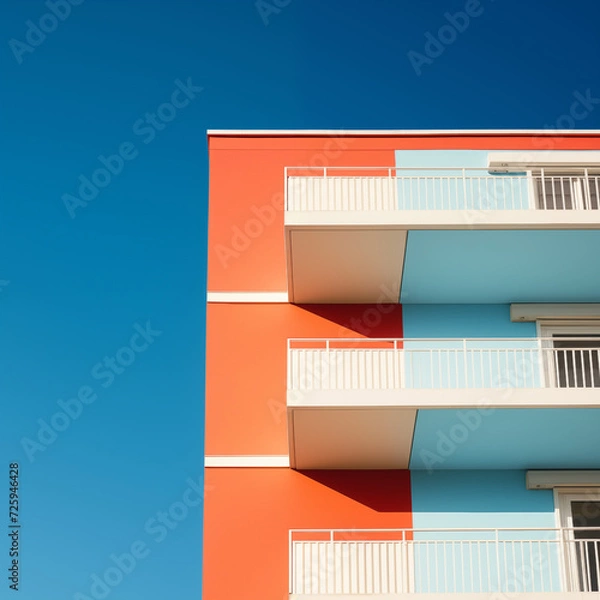 Fototapeta Colorful minimal building with blue sky, clear sky, nature light, Minimal building background.