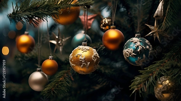 Fototapeta The Christmas tree is decorated with beautiful balls with patterns. Merry Christmas and Happy New Year. Festive bright beautiful background
