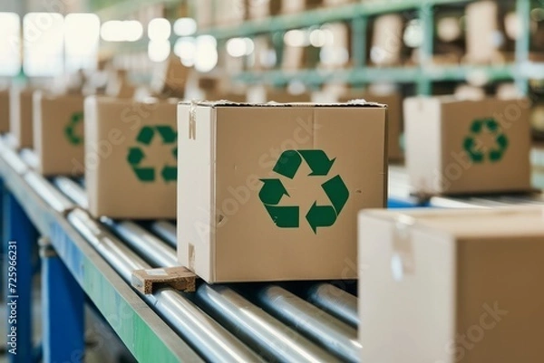 Fototapeta Recycling concept with cardboard boxes on a conveyor belt in a green facility, promoting eco-friendly packaging.

