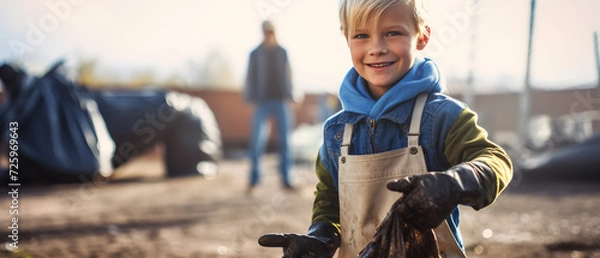 Fototapeta happy child collecting garbage taking care of the environment giving setting an example for adults