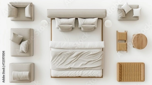 Fototapeta bed furniture on top view for architecture use. florplan concept